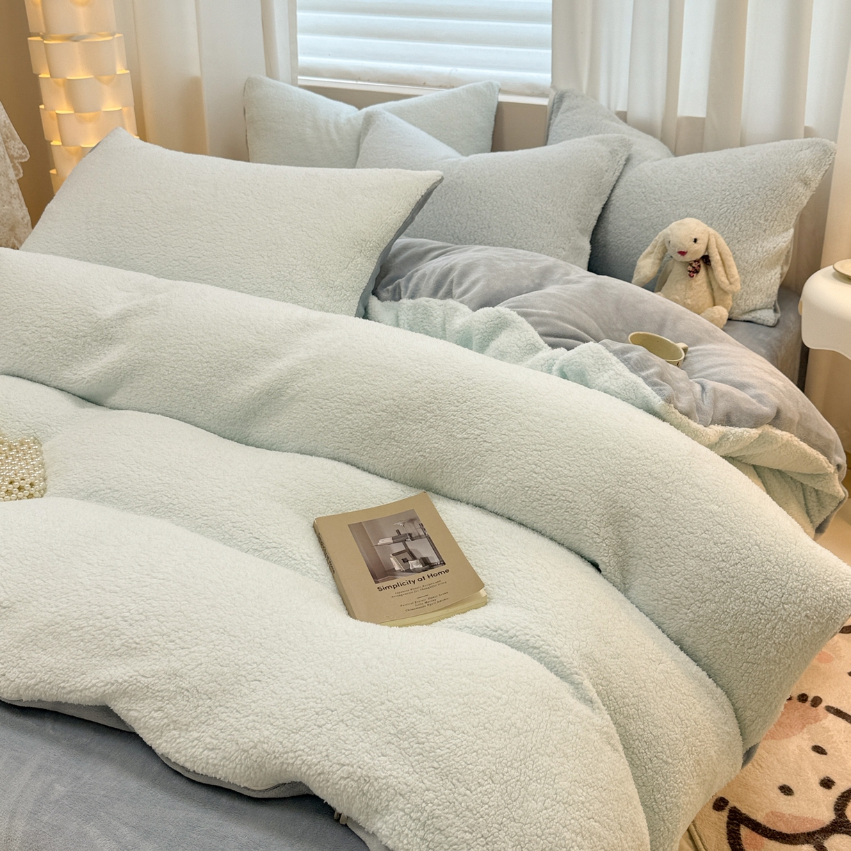 91家纺网 家纺一手货源 找家纺 眠博士 2025新款A类泰迪绒牛奶绒纯色四件套 泰迪绒-安妮蓝