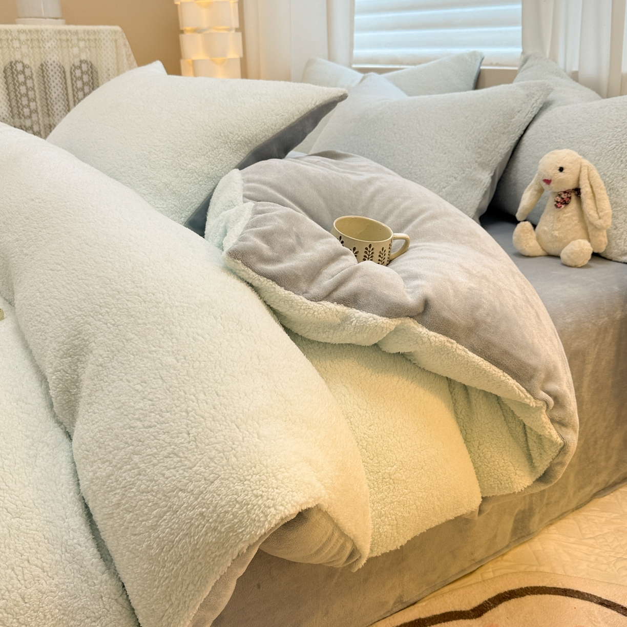 91家纺网 家纺一手货源 找家纺 眠博士 2025新款A类泰迪绒牛奶绒纯色四件套 泰迪绒-安妮蓝