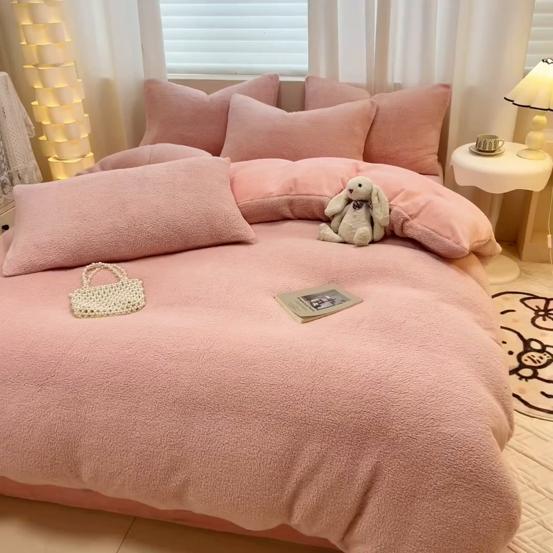 91家纺网 家纺一手货源 找家纺 眠博士 2025新款A类泰迪绒牛奶绒纯色四件套 泰迪绒-安妮粉
