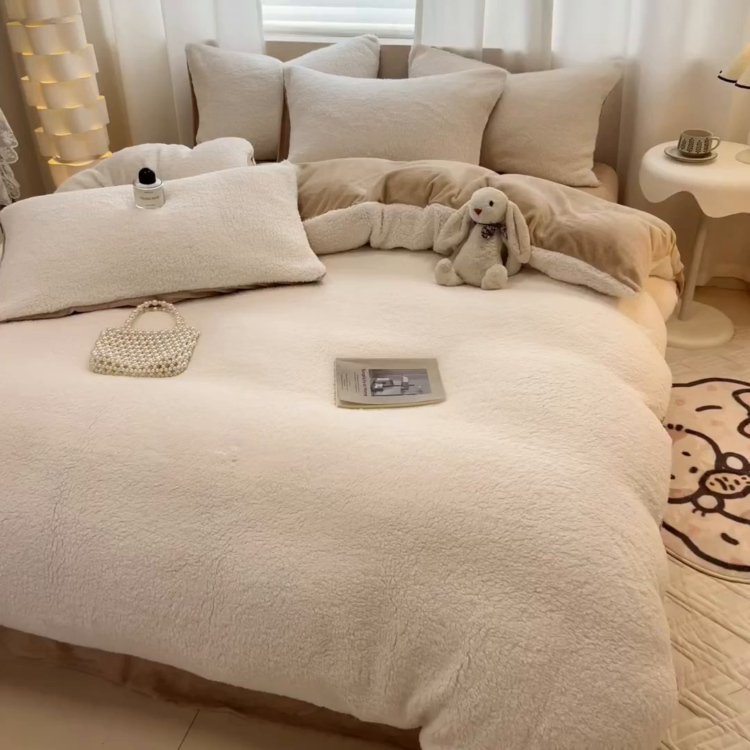 91家纺网 家纺一手货源 找家纺 眠博士 2025新款A类泰迪绒牛奶绒纯色四件套 泰迪绒-安妮白咖