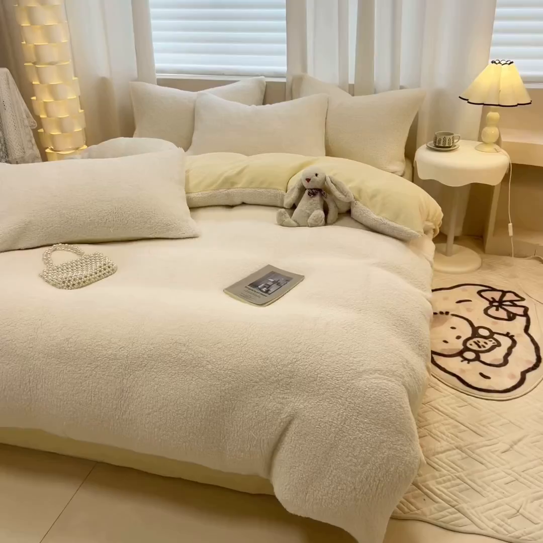 91家纺网 家纺一手货源 找家纺 眠博士 2025新款A类泰迪绒牛奶绒纯色四件套 泰迪绒-安妮白黄