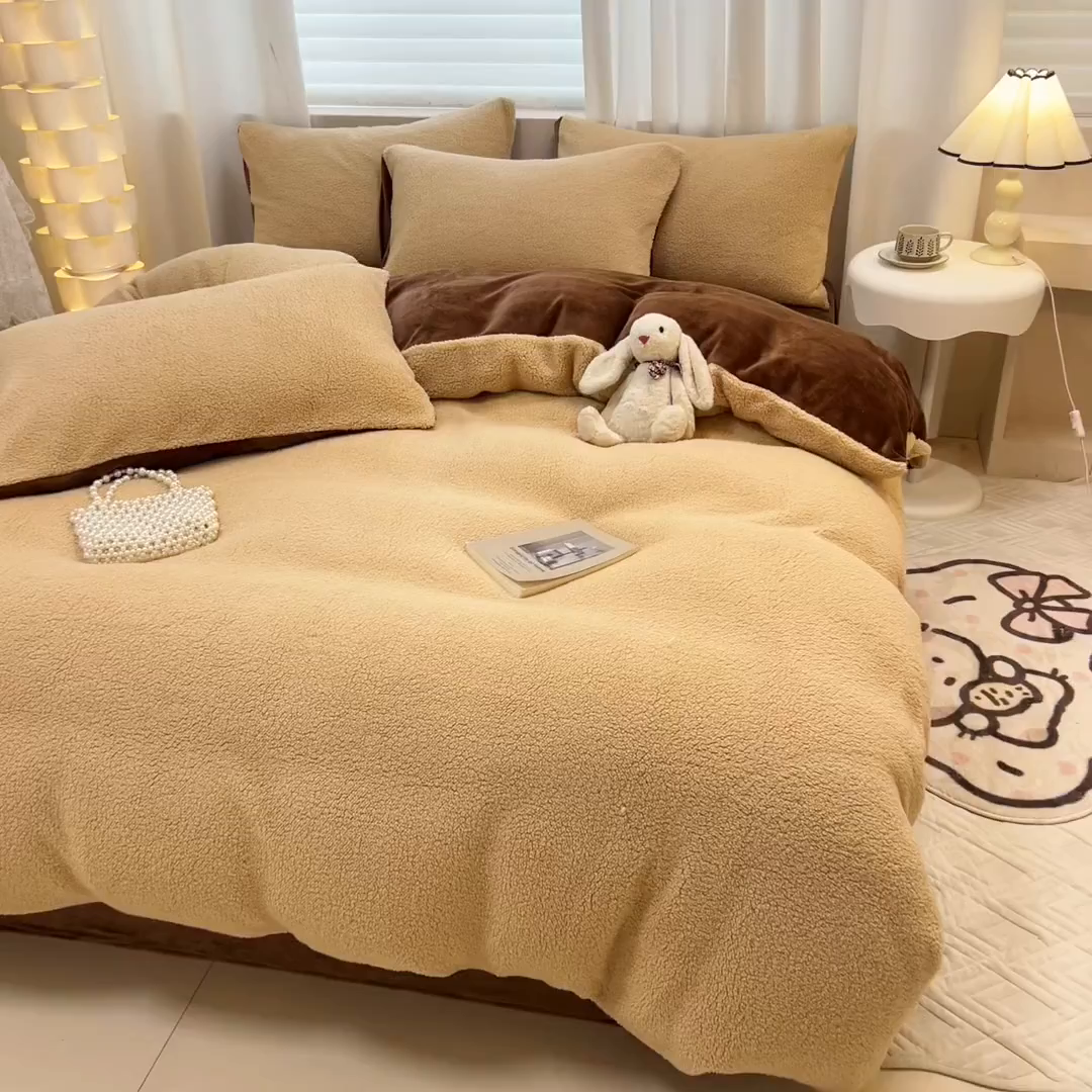 91家纺网 家纺一手货源 找家纺 眠博士 2025新款A类泰迪绒牛奶绒纯色四件套 泰迪绒-安妮咖