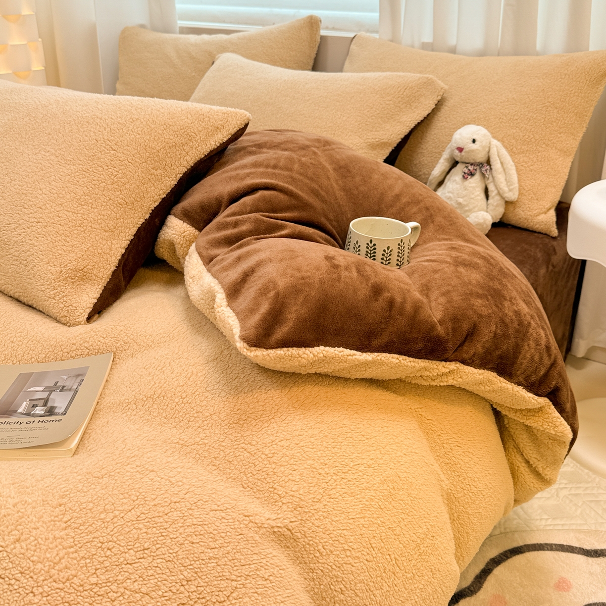 91家纺网 家纺一手货源 找家纺 眠博士 2025新款A类泰迪绒牛奶绒纯色四件套 泰迪绒-安妮咖