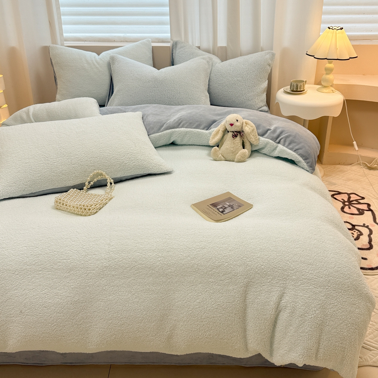 91家纺网 家纺一手货源 找家纺 眠博士 2025新款A类泰迪绒牛奶绒纯色四件套 泰迪绒-安妮蓝