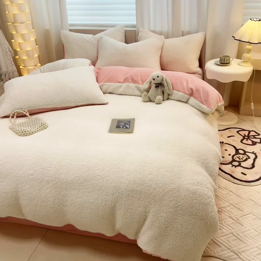 91家纺网 家纺一手货源 找家纺 眠博士 2025新款A类泰迪绒牛奶绒纯色四件套 泰迪绒-安妮白粉