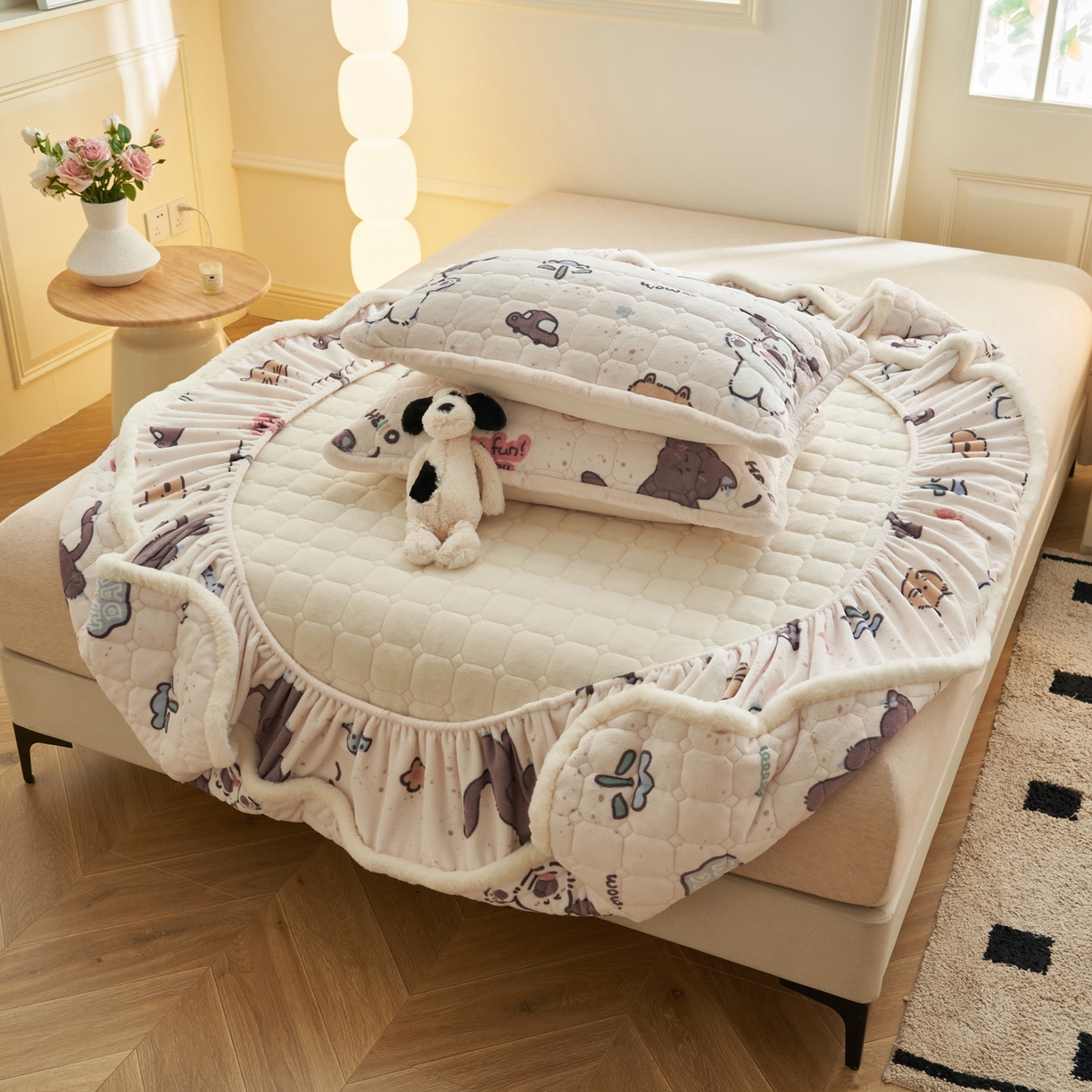 91家纺网 家纺一手货源 找家纺 （总）晨曦家纺 2025新款加厚加绒牛奶绒卡通夹棉三层单床笠