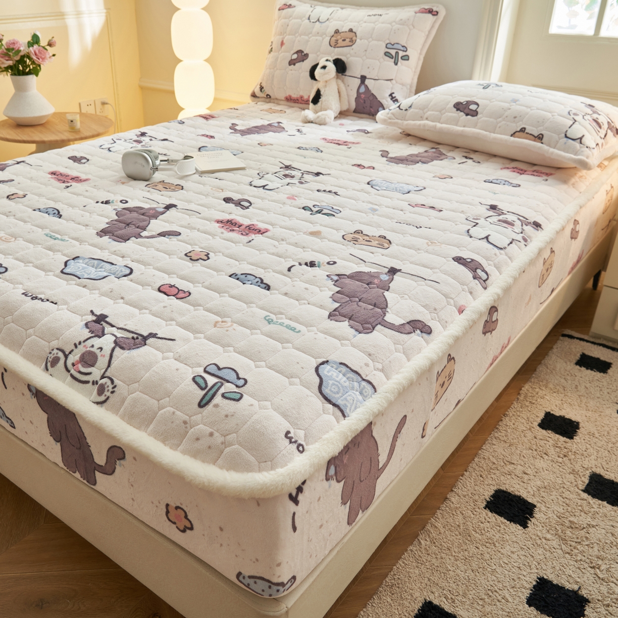 91家纺网 家纺一手货源 找家纺 （总）晨曦家纺 2025新款加厚加绒牛奶绒卡通夹棉三层单床笠