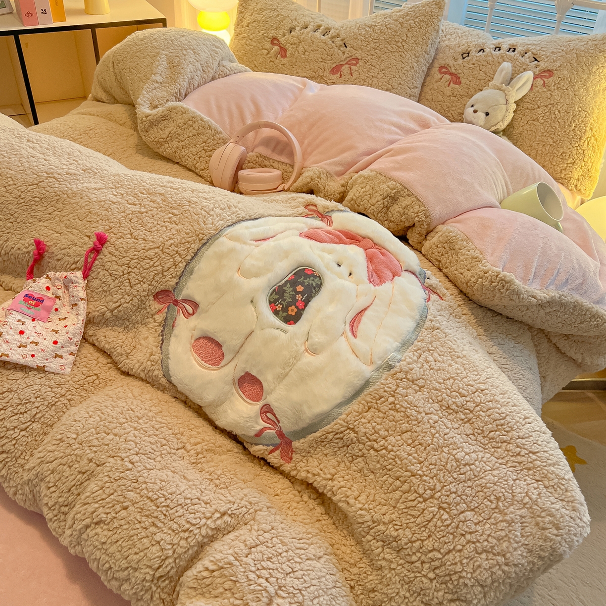 91家纺网 家纺一手货源 找家纺 （总）子钦家纺 2025秋冬新款加厚羊羔绒牛奶绒卡通贴布绣床单床笠四件套第一波