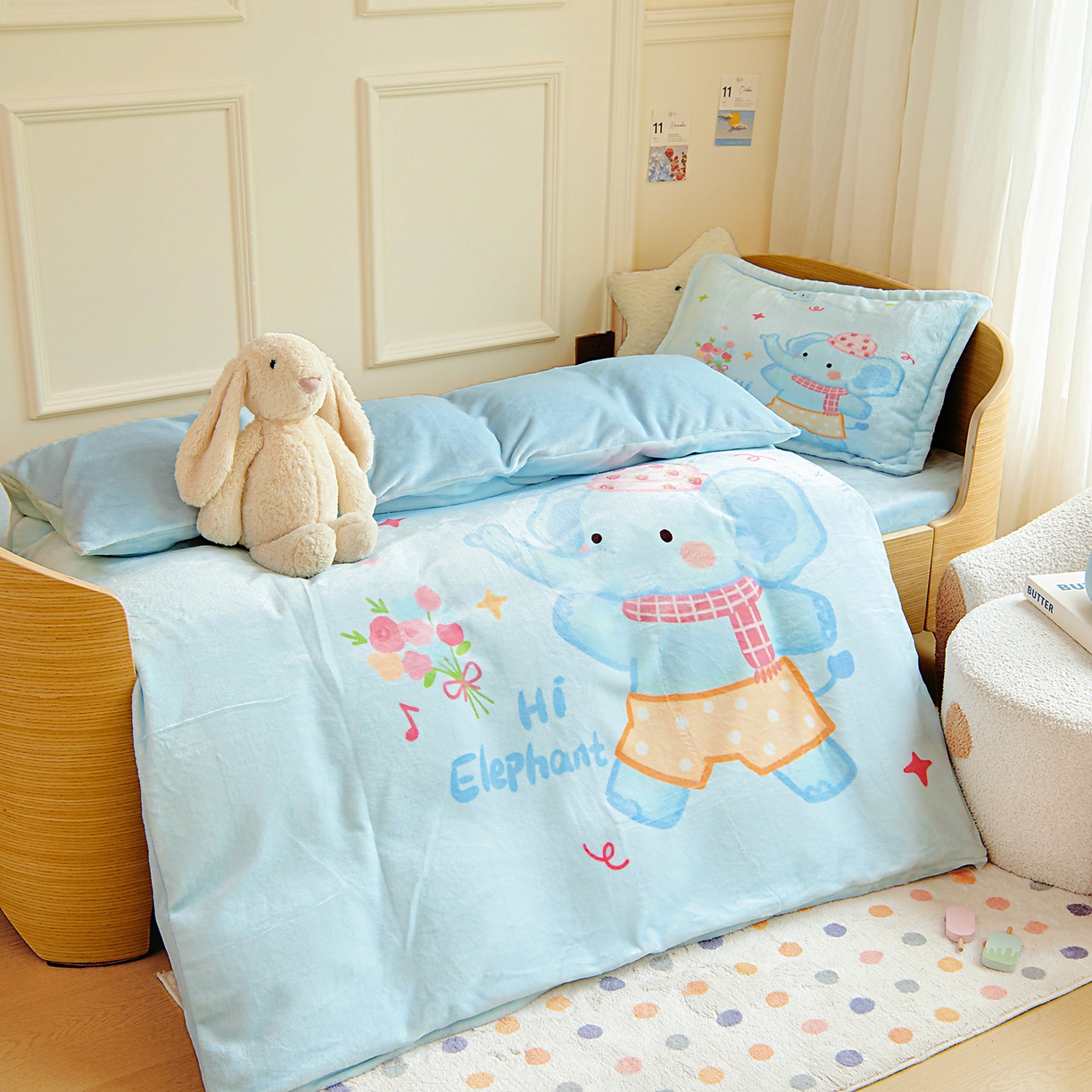 91家纺网 家纺一手货源 找家纺 梵赫 2025新款加厚240克牛奶绒数码原创大版卡通被套+被芯组合 小象贝贝