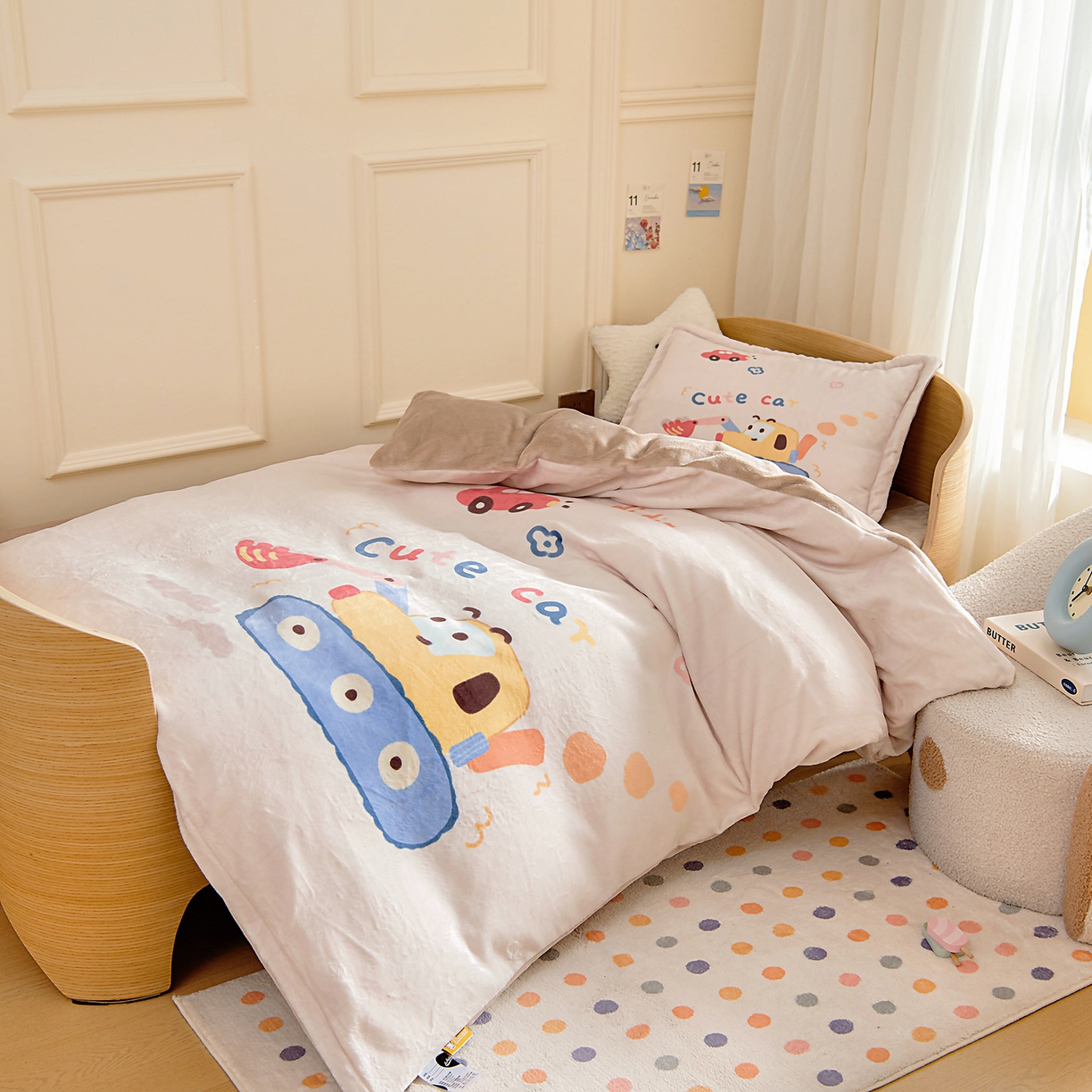 91家纺网 家纺一手货源 找家纺 梵赫 2025新款加厚240克牛奶绒数码原创大版卡通被套+被芯组合 可爱挖土机