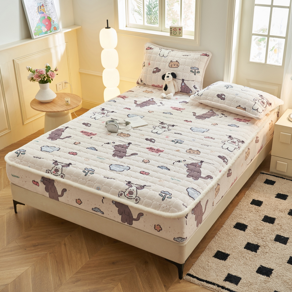 91家纺网 家纺一手货源 找家纺 晨曦家纺 2025新款加厚加绒牛奶绒卡通夹棉三层单床笠 调皮猫狗