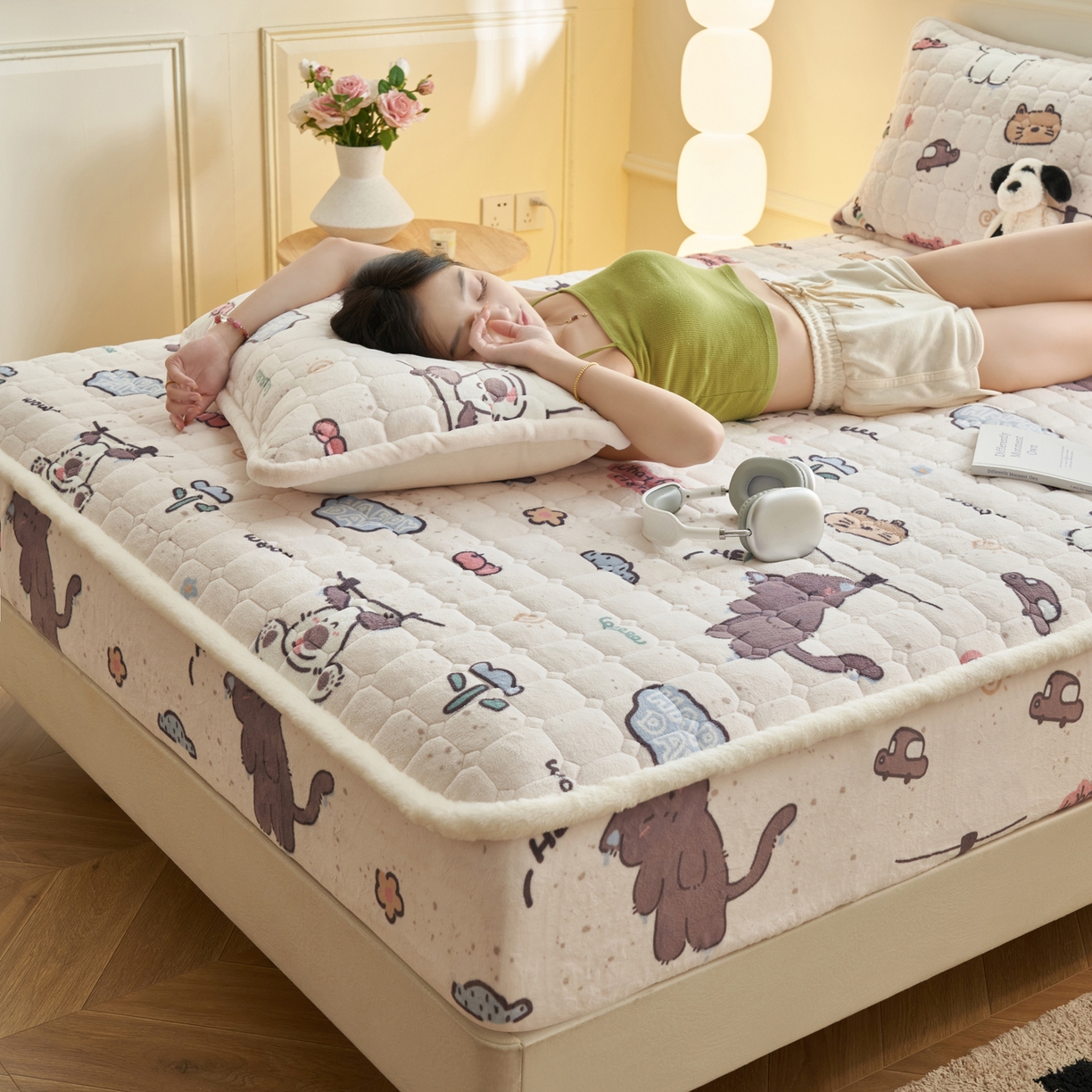 91家纺网 家纺一手货源 找家纺 晨曦家纺 2025新款加厚加绒牛奶绒卡通夹棉三层单床笠 调皮猫狗