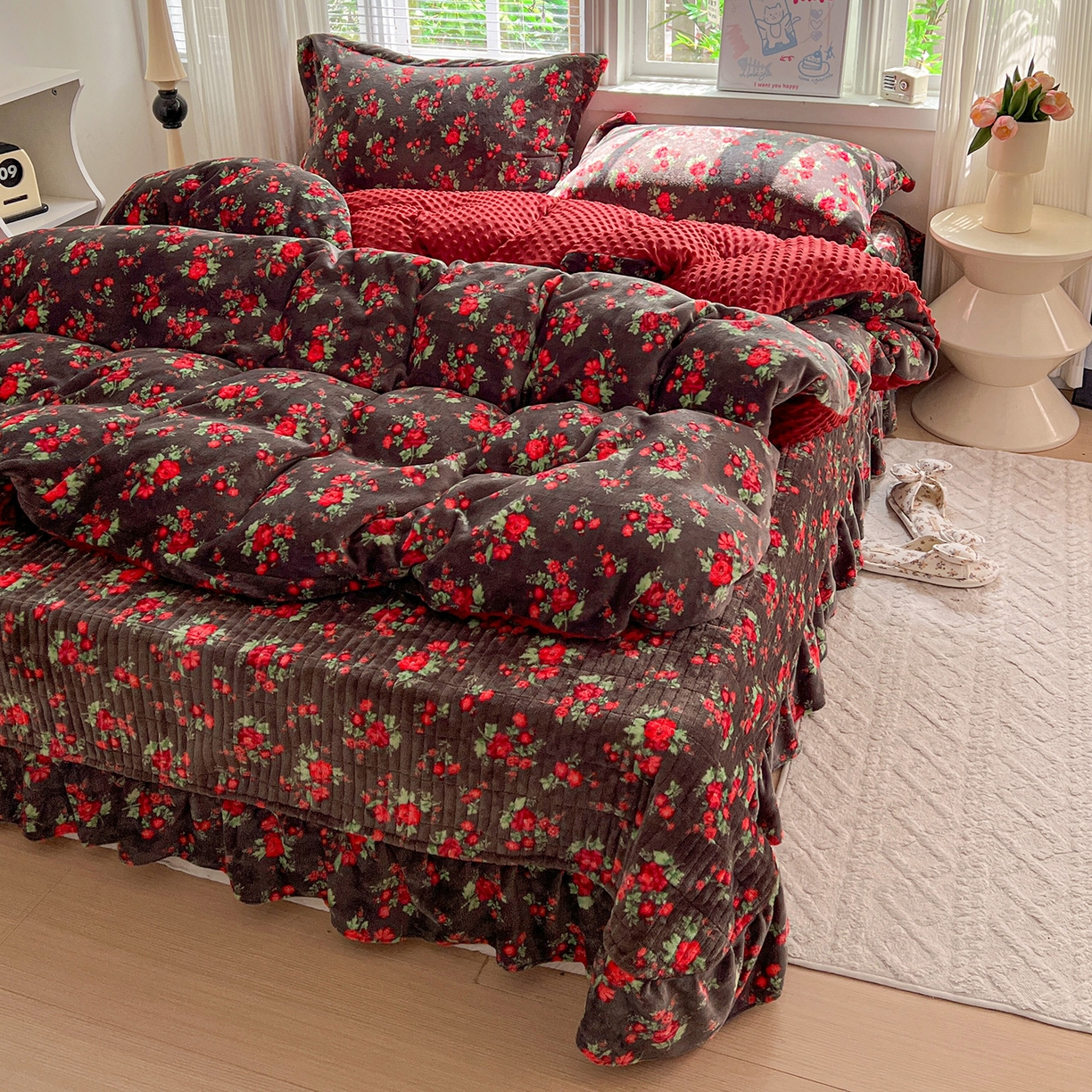 91家纺网 家纺一手货源 找家纺 （总）一比一 2025新款加厚保暖豆豆牛奶绒床盖款四件套