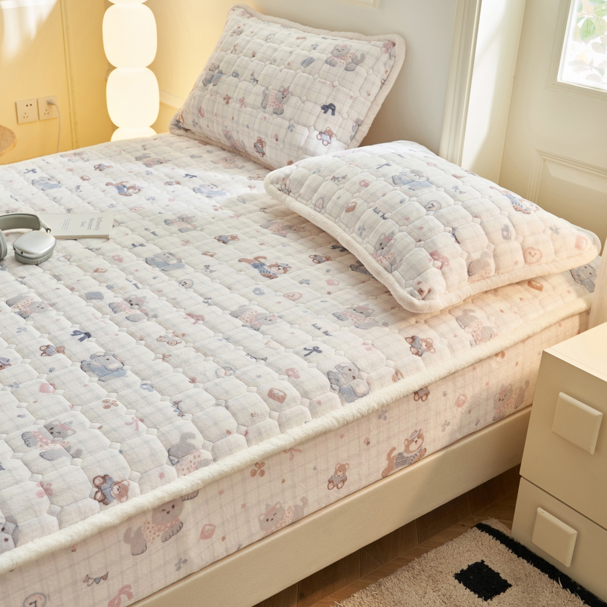 91家纺网 家纺一手货源 找家纺 晨曦家纺 2025新款加厚加绒牛奶绒卡通夹棉三层单床笠 动物乐园