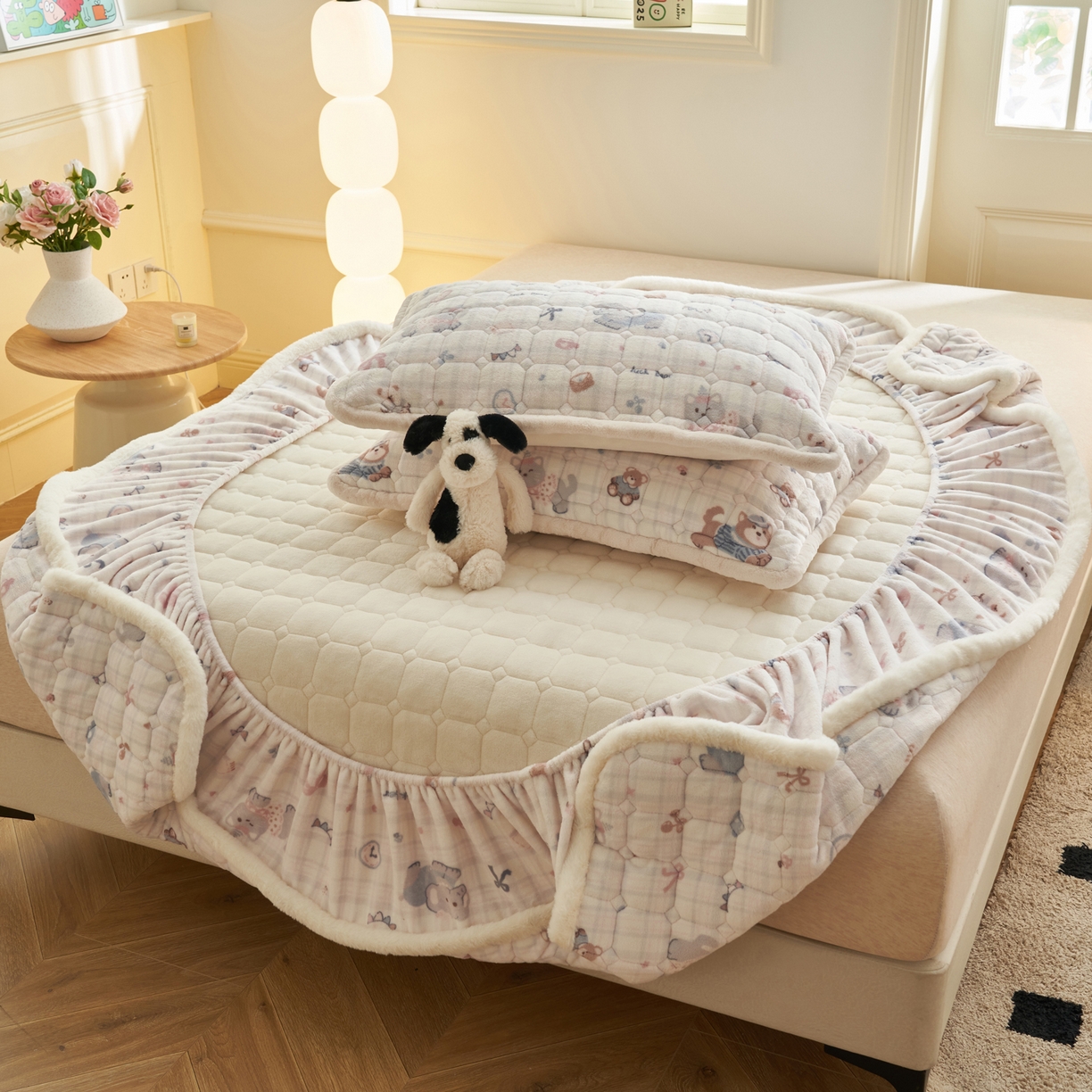 91家纺网 家纺一手货源 找家纺 晨曦家纺 2025新款加厚加绒牛奶绒卡通夹棉三层单床笠 动物乐园