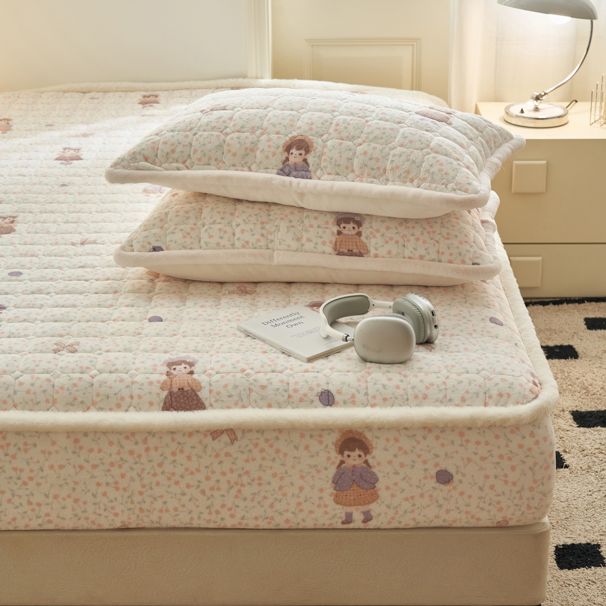 91家纺网 家纺一手货源 找家纺 晨曦家纺 2025新款加厚加绒牛奶绒卡通夹棉三层单床笠 可爱女孩