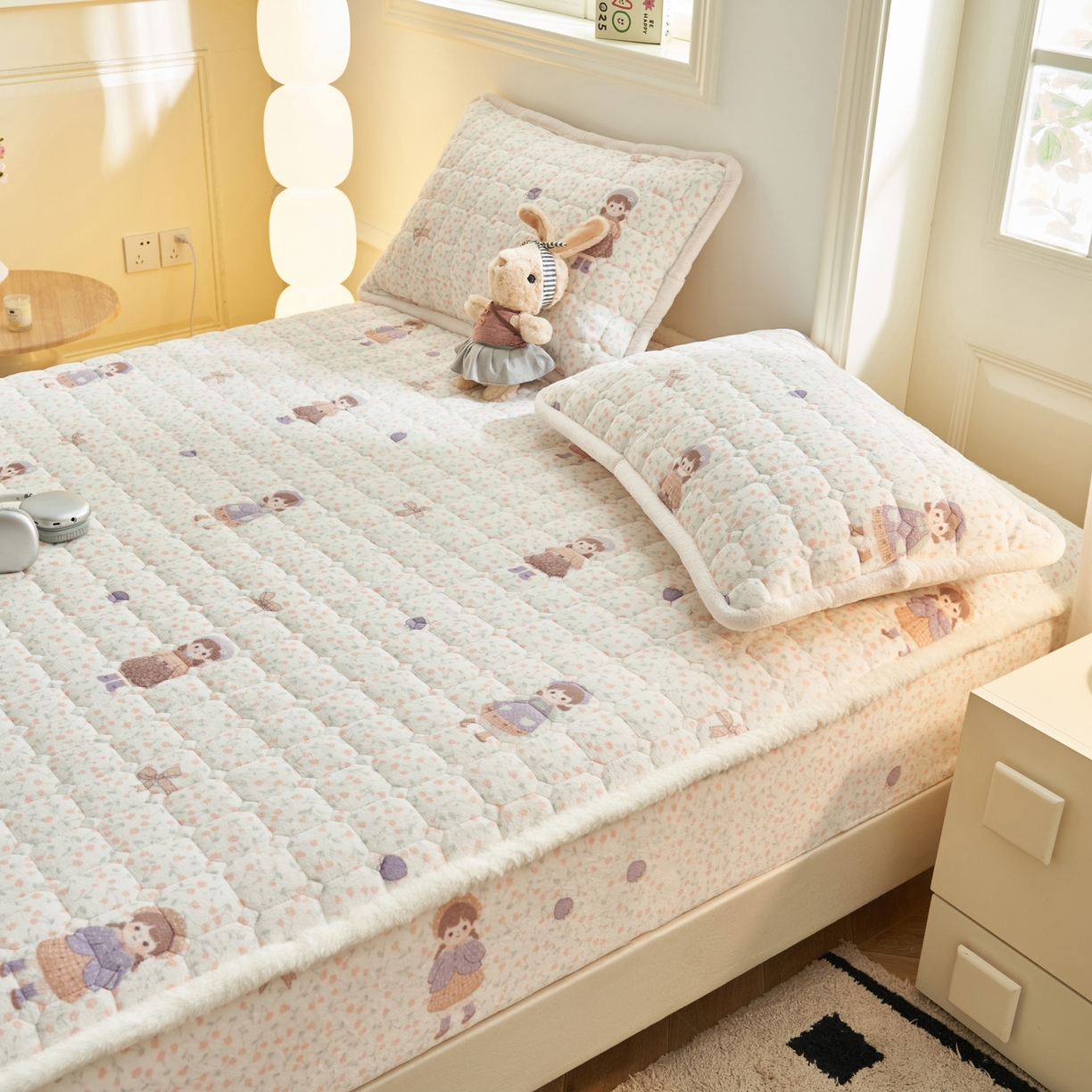 91家纺网 家纺一手货源 找家纺 晨曦家纺 2025新款加厚加绒牛奶绒卡通夹棉三层单床笠 可爱女孩