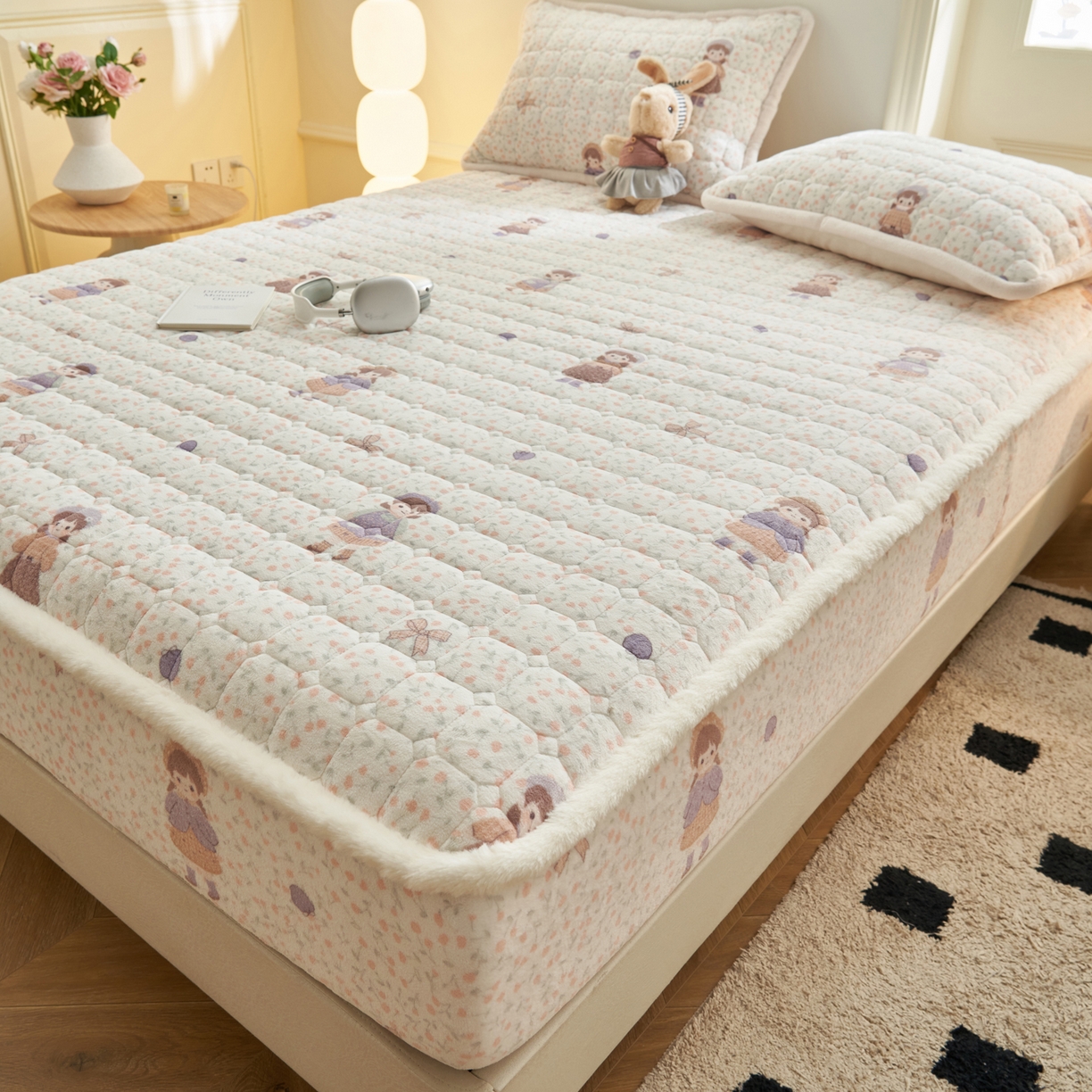 91家纺网 家纺一手货源 找家纺 晨曦家纺 2025新款加厚加绒牛奶绒卡通夹棉三层单床笠 可爱女孩