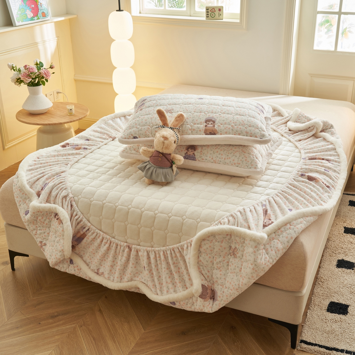 91家纺网 家纺一手货源 找家纺 晨曦家纺 2025新款加厚加绒牛奶绒卡通夹棉三层单床笠 可爱女孩