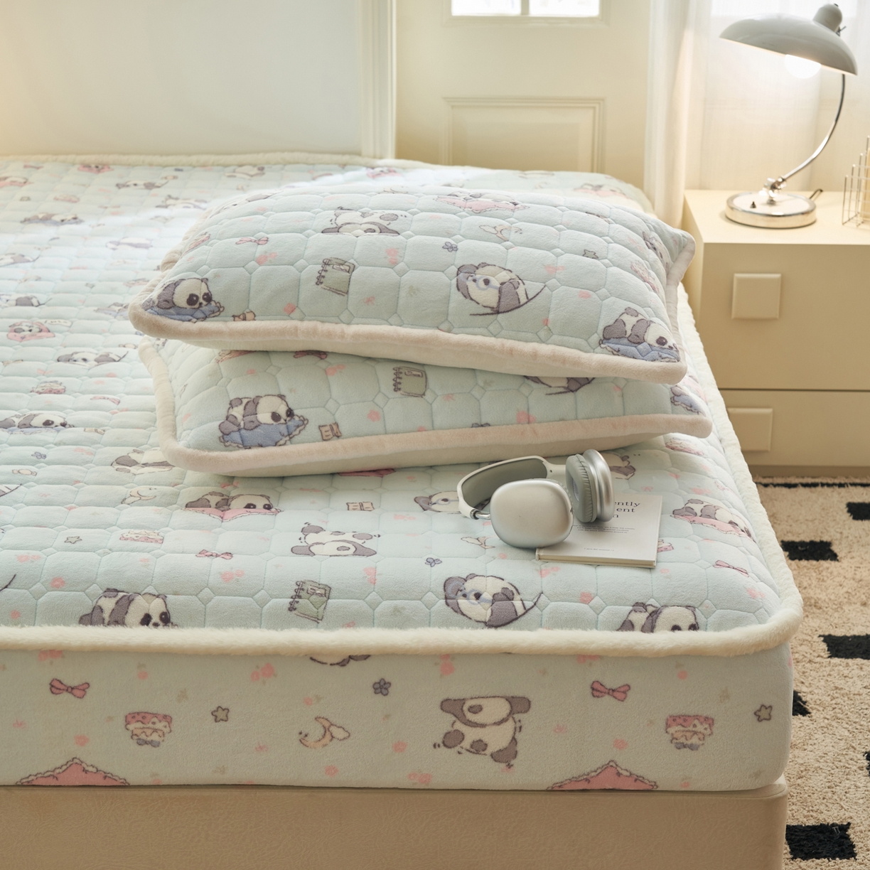 91家纺网 家纺一手货源 找家纺 晨曦家纺 2025新款加厚加绒牛奶绒卡通夹棉三层单床笠 可爱熊猫