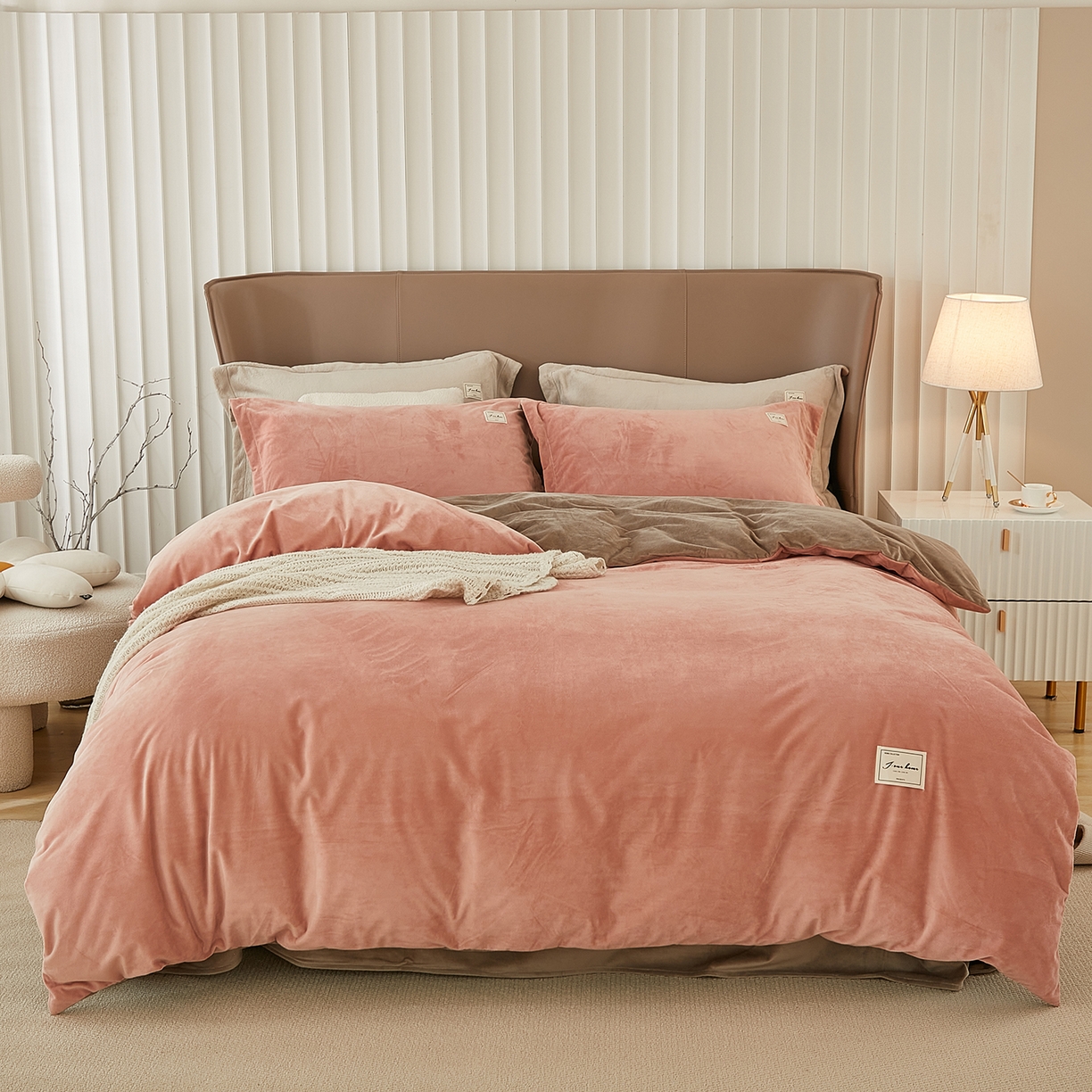 悦然毛巾被 2025新款高克重德芙绒双拼四件套 豆沙米咖