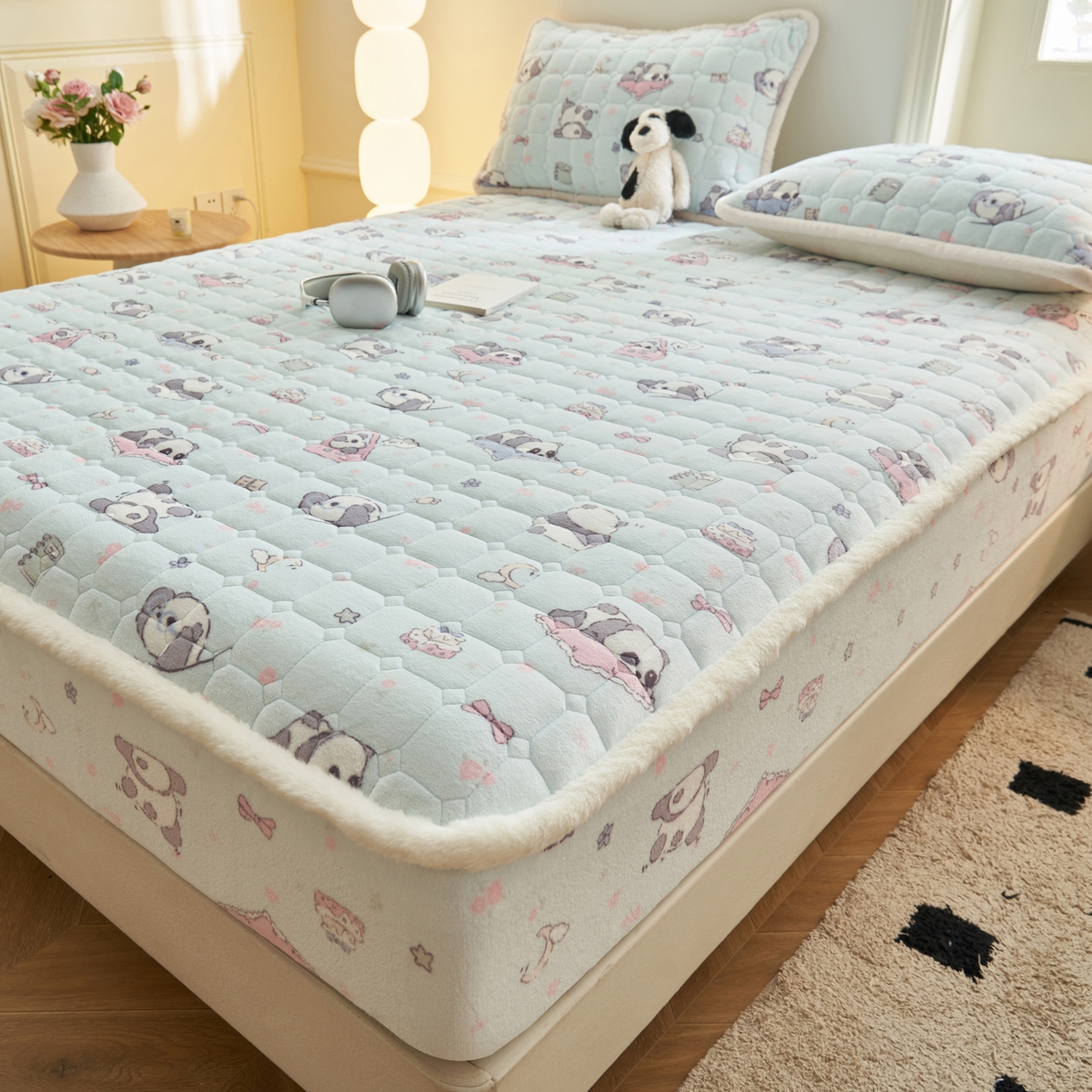 91家纺网 家纺一手货源 找家纺 晨曦家纺 2025新款加厚加绒牛奶绒卡通夹棉三层单床笠 可爱熊猫