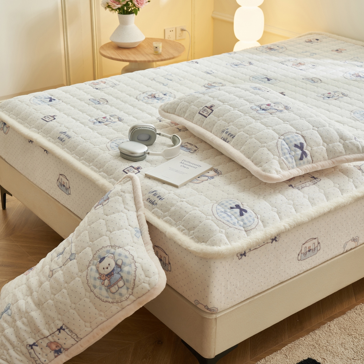 91家纺网 家纺一手货源 找家纺 晨曦家纺 2025新款加厚加绒牛奶绒卡通夹棉三层单床笠 萌萌熊仔