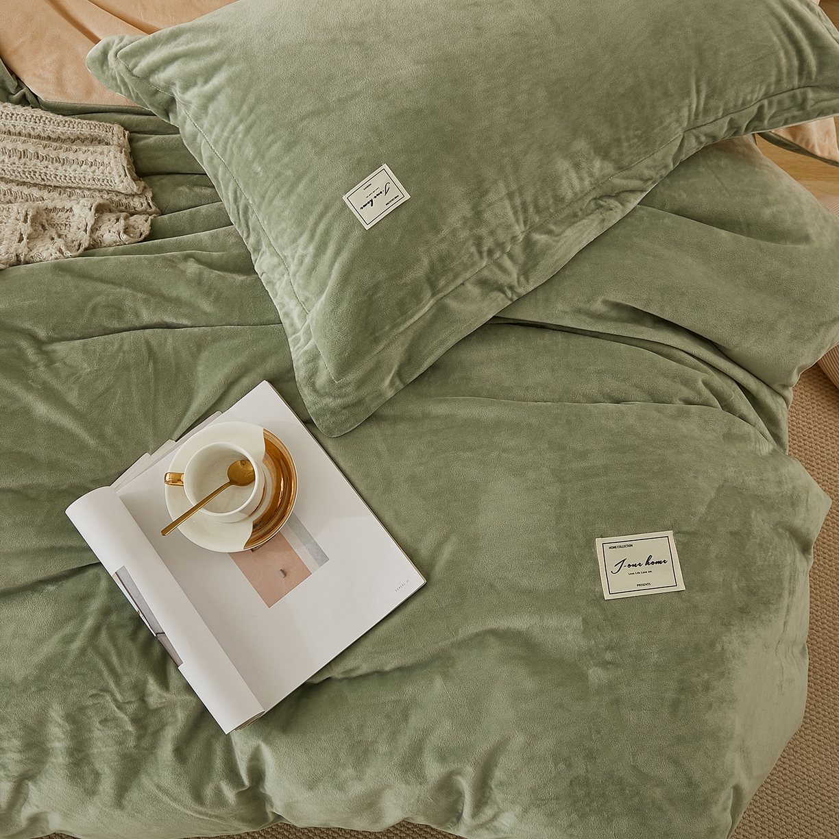 91家纺网 家纺一手货源 找家纺 悦然毛巾被 2025新款高克重德芙绒双拼四件套 浅豆绿杏仁