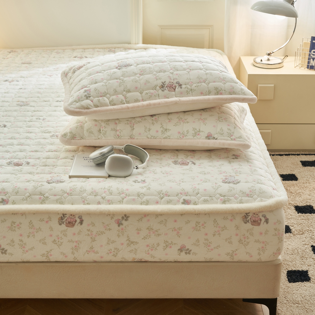 91家纺网 家纺一手货源 找家纺 晨曦家纺 2025新款加厚加绒牛奶绒卡通夹棉三层单床笠 兔兔花园