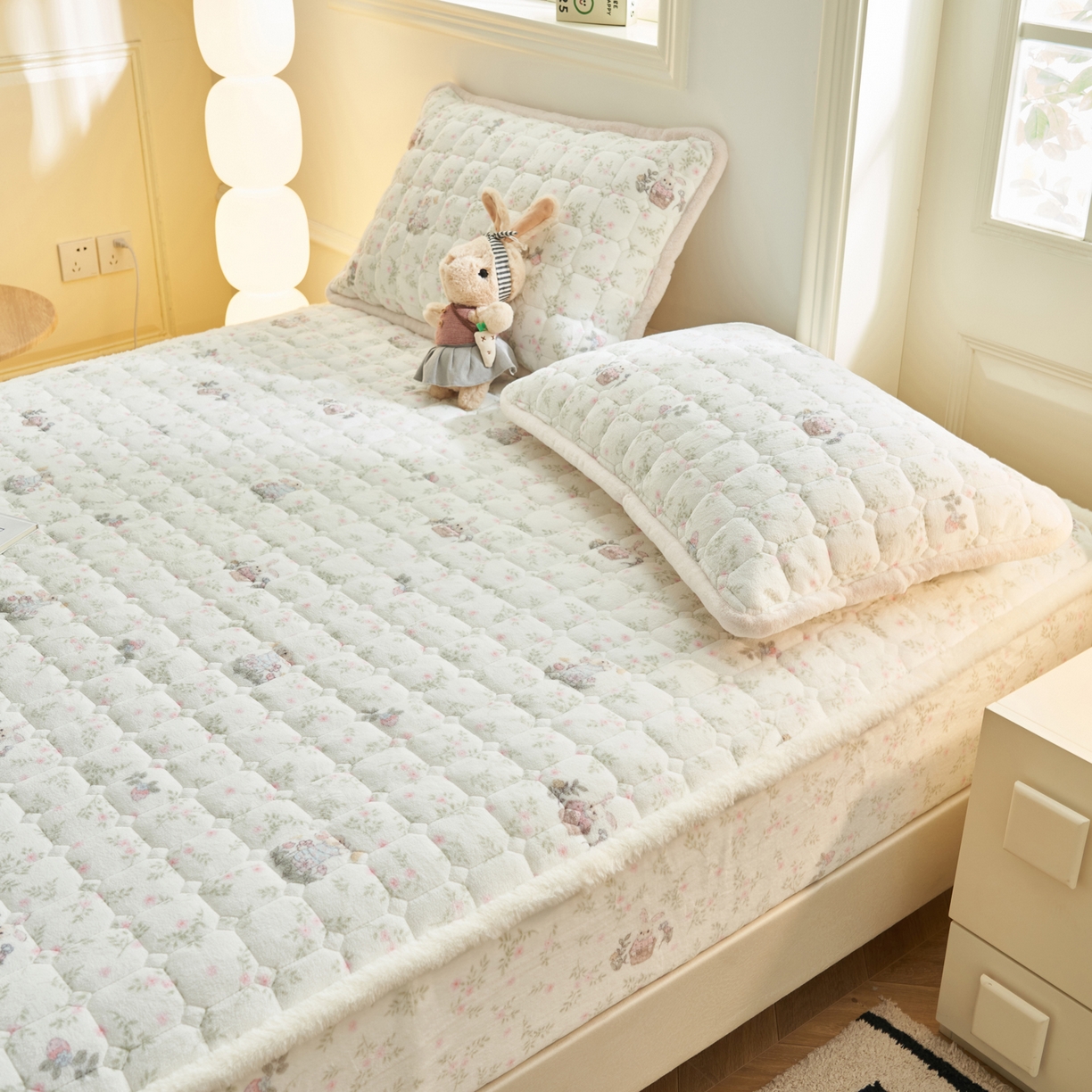 91家纺网 家纺一手货源 找家纺 晨曦家纺 2025新款加厚加绒牛奶绒卡通夹棉三层单床笠 兔兔花园