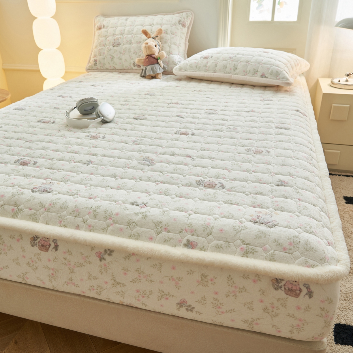 91家纺网 家纺一手货源 找家纺 晨曦家纺 2025新款加厚加绒牛奶绒卡通夹棉三层单床笠 兔兔花园