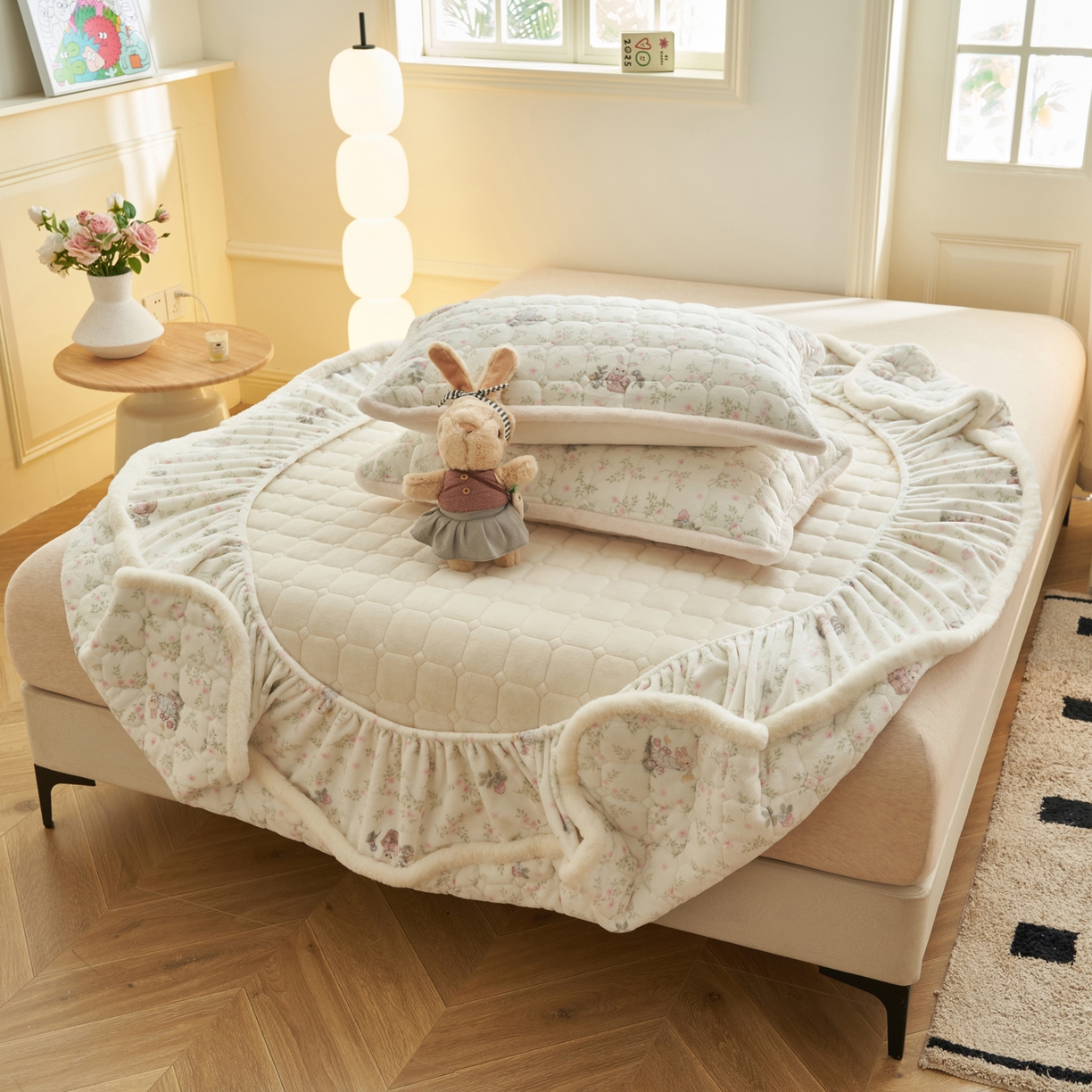 91家纺网 家纺一手货源 找家纺 晨曦家纺 2025新款加厚加绒牛奶绒卡通夹棉三层单床笠 兔兔花园