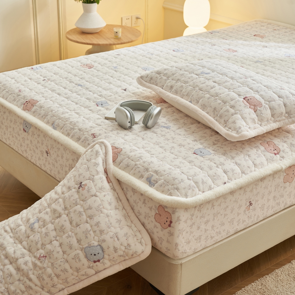 91家纺网 家纺一手货源 找家纺 晨曦家纺 2025新款加厚加绒牛奶绒卡通夹棉三层单床笠 鲜花小兔