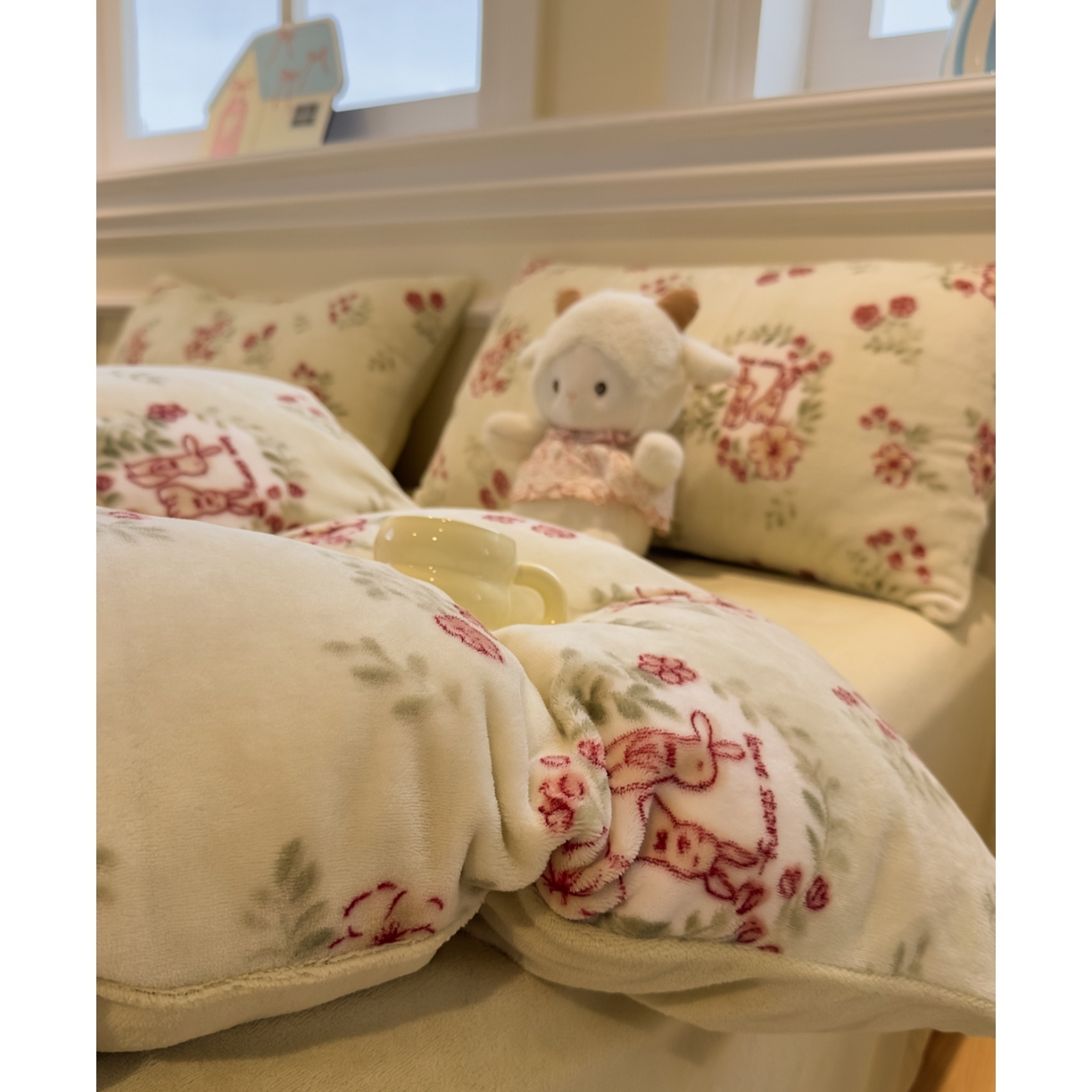 91家纺网 家纺一手货源 找家纺 yyds网供 2025新款牛奶绒四件套ins风加厚床品卡通印花三件套双面法兰绒秋冬保暖不静电 风格二 两小花落玉兔