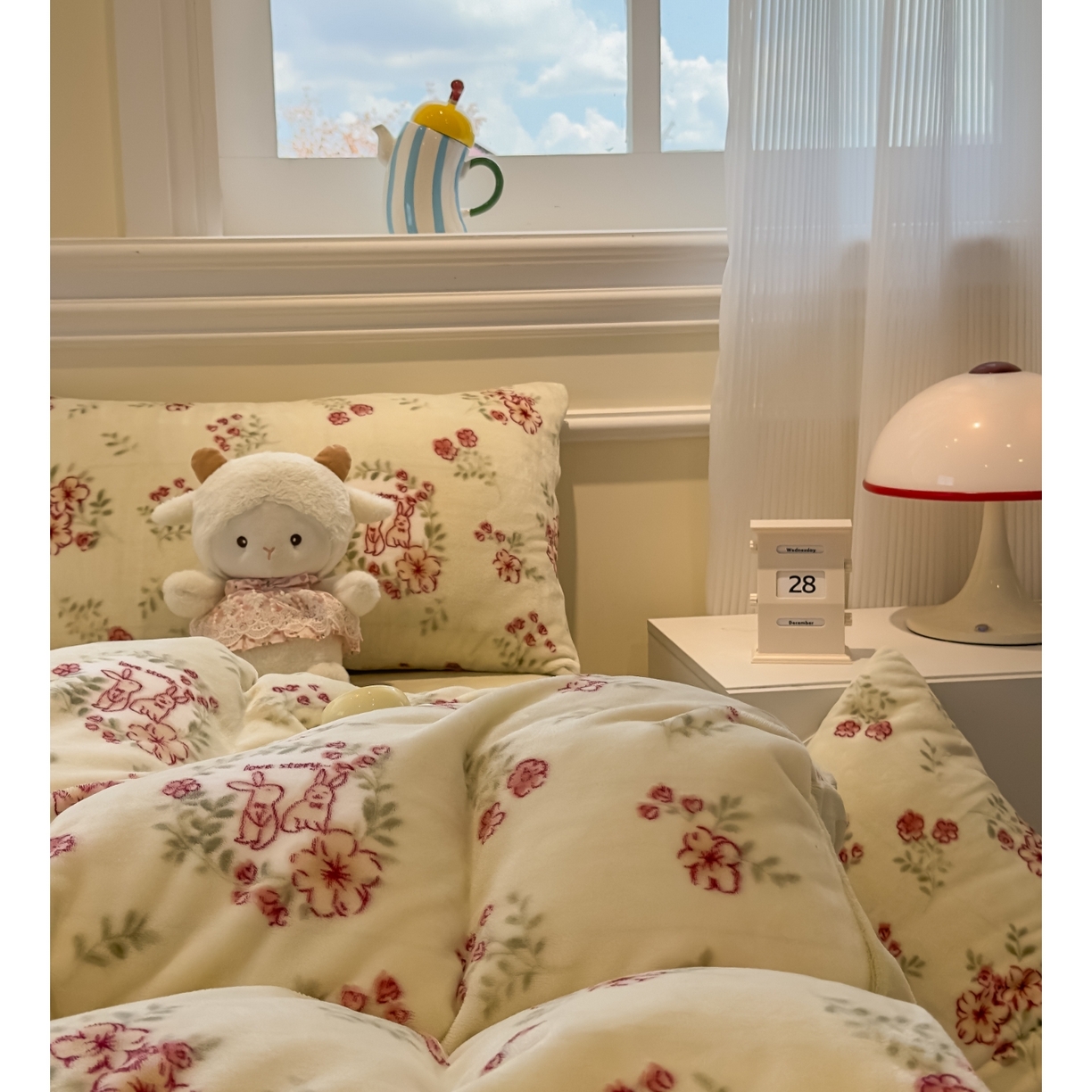 91家纺网 家纺一手货源 找家纺 yyds网供 2025新款牛奶绒四件套ins风加厚床品卡通印花三件套双面法兰绒秋冬保暖不静电 风格二 两小花落玉兔