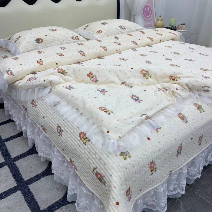 91家纺网 家纺一手货源 找家纺 禧瑞谷 2025新款冬季牛奶绒双层蕾丝花边床盖三件套床盖四件套奶糖少女