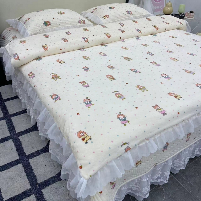 91家纺网 家纺一手货源 找家纺 禧瑞谷 2025新款冬季牛奶绒双层蕾丝花边床盖三件套床盖四件套奶糖少女