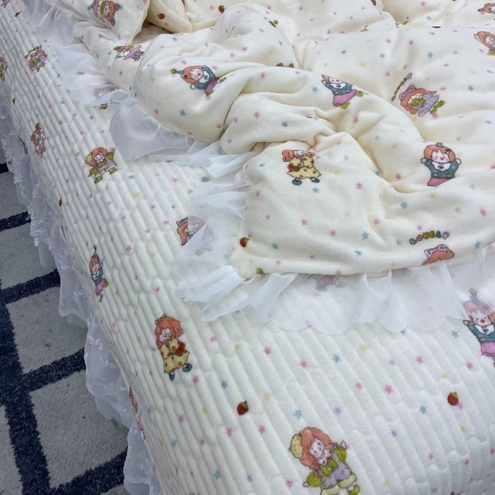 91家纺网 家纺一手货源 找家纺 禧瑞谷 2025新款冬季牛奶绒双层蕾丝花边床盖三件套床盖四件套奶糖少女