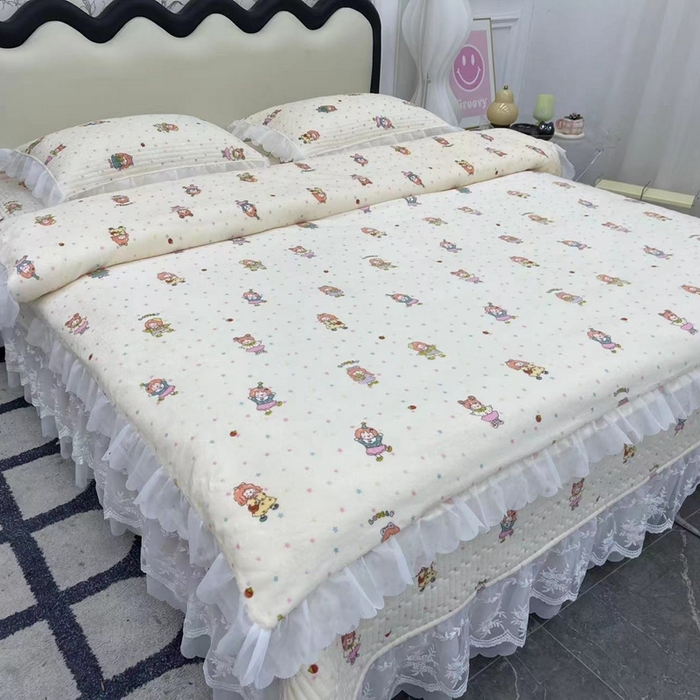 禧瑞谷 2025新款冬季牛奶绒双层蕾丝花边床盖三件套床盖四件套奶糖少女