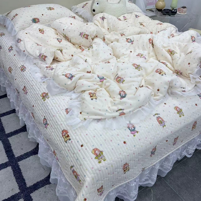 91家纺网 家纺一手货源 找家纺 禧瑞谷 2025新款冬季牛奶绒双层蕾丝花边床盖三件套床盖四件套奶糖少女