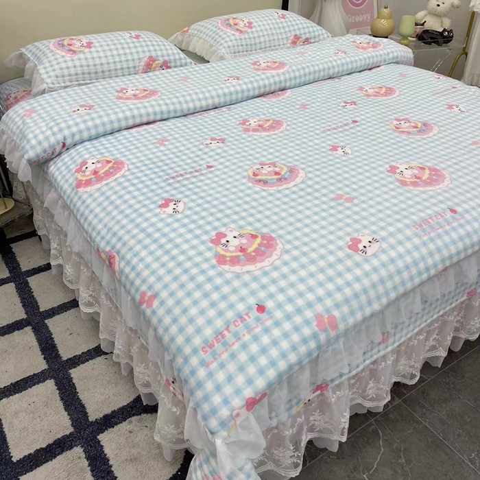 91家纺网 家纺一手货源 找家纺 禧瑞谷 2025新款冬季牛奶绒双层蕾丝花边床盖三件套床盖四件套蛋糕猫