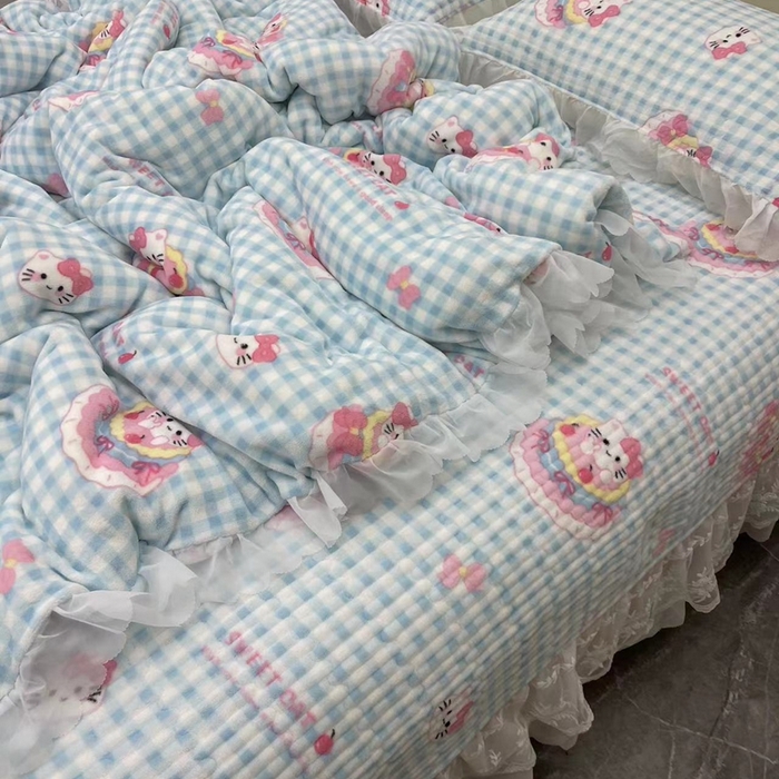 91家纺网 家纺一手货源 找家纺 禧瑞谷 2025新款冬季牛奶绒双层蕾丝花边床盖三件套床盖四件套蛋糕猫