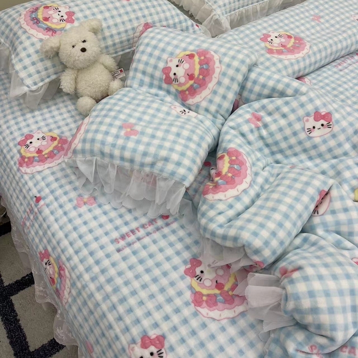 91家纺网 家纺一手货源 找家纺 禧瑞谷 2025新款冬季牛奶绒双层蕾丝花边床盖三件套床盖四件套蛋糕猫