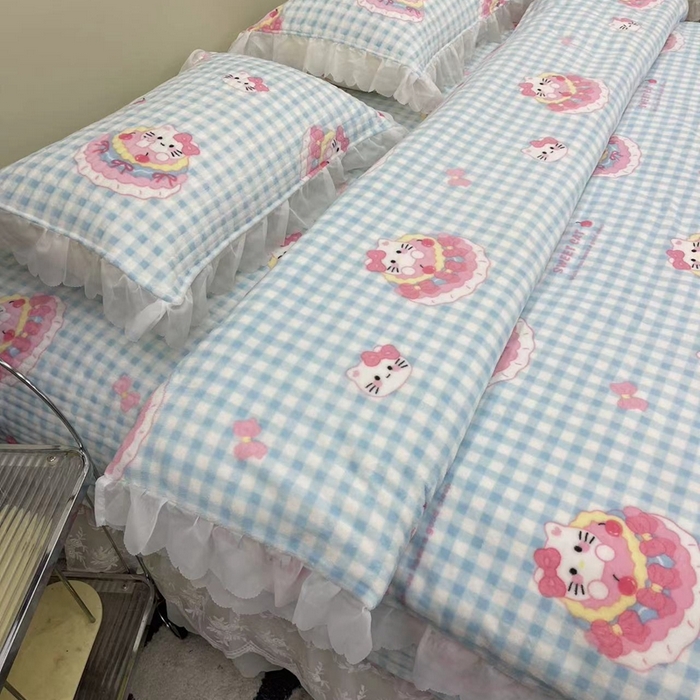 91家纺网 家纺一手货源 找家纺 禧瑞谷 2025新款冬季牛奶绒双层蕾丝花边床盖三件套床盖四件套蛋糕猫