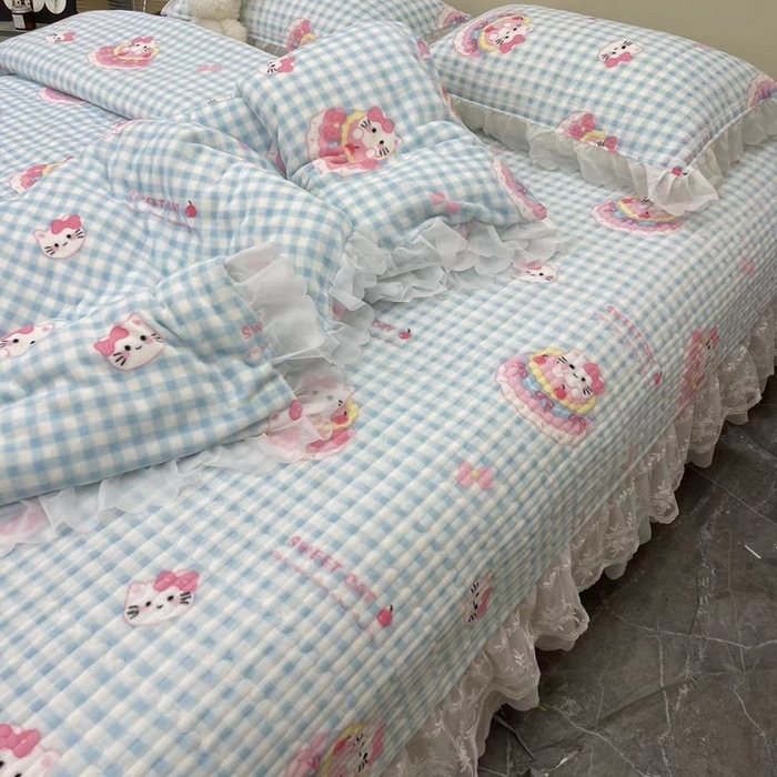 91家纺网 家纺一手货源 找家纺 禧瑞谷 2025新款冬季牛奶绒双层蕾丝花边床盖三件套床盖四件套蛋糕猫