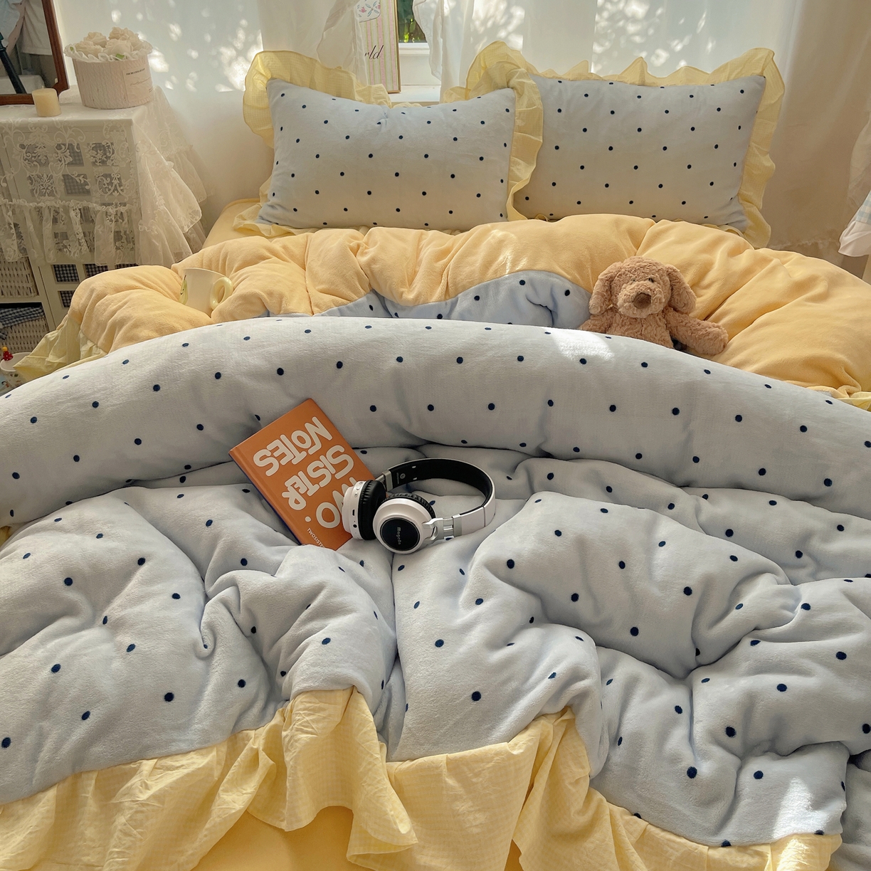 91家纺网 家纺一手货源 找家纺 （总）丽涵家纺 2025秋冬新品韩系牛奶绒波点小格子全棉花边四件套三件套