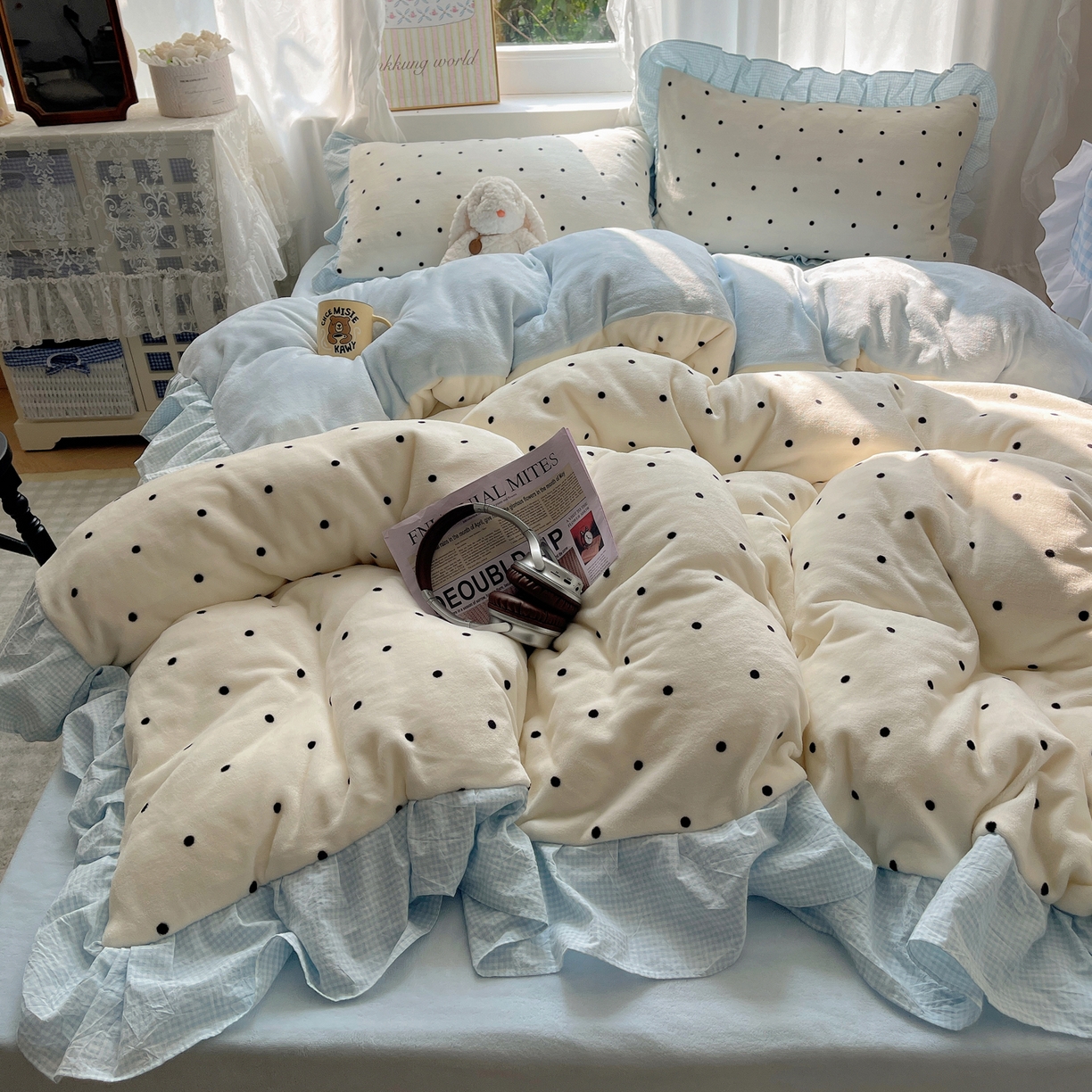 91家纺网 家纺一手货源 找家纺 （总）丽涵家纺 2025秋冬新品韩系牛奶绒波点小格子全棉花边四件套三件套