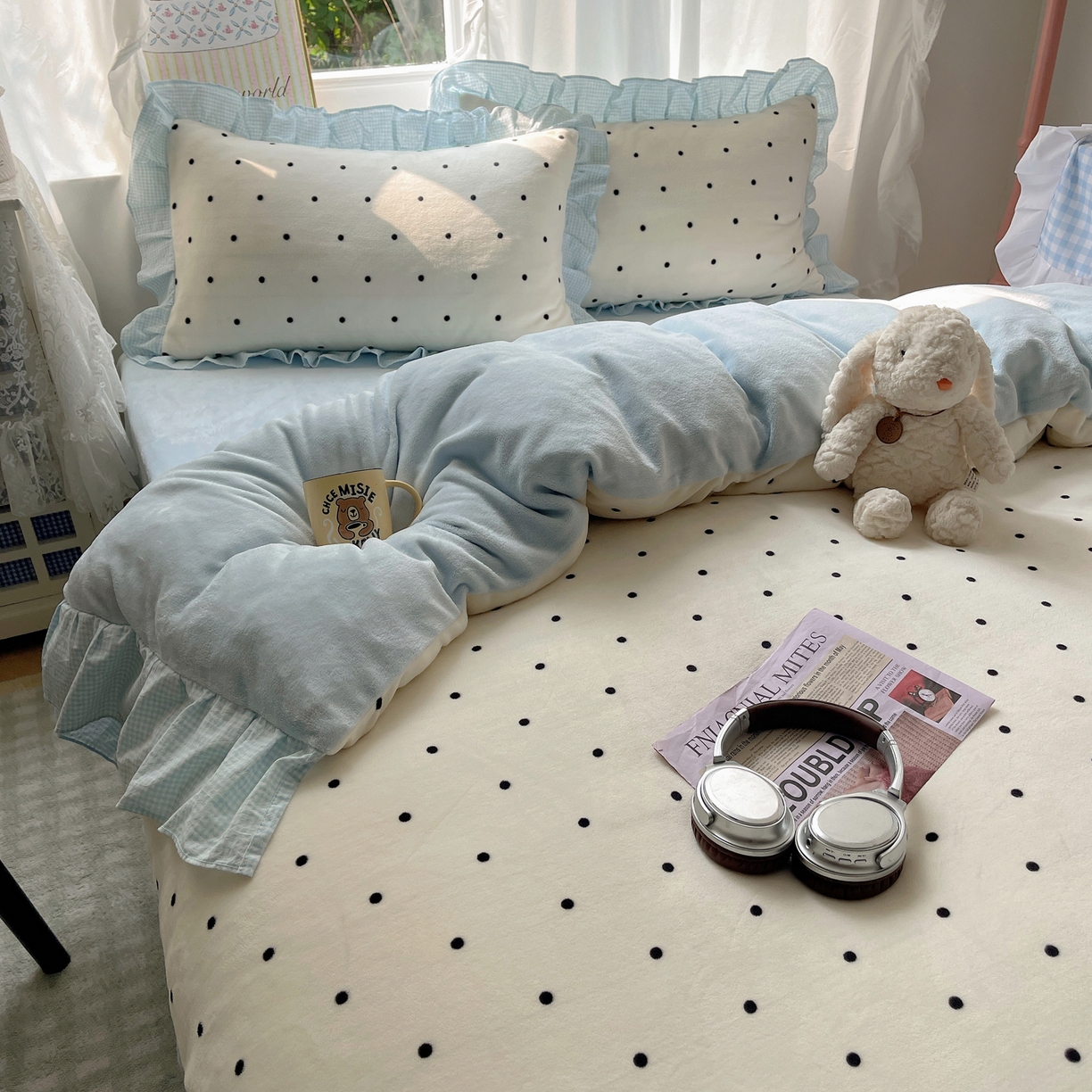 91家纺网 家纺一手货源 找家纺 丽涵家纺 2025秋冬新品韩系牛奶绒波点小格子花边四件套 奶油波点-天蓝