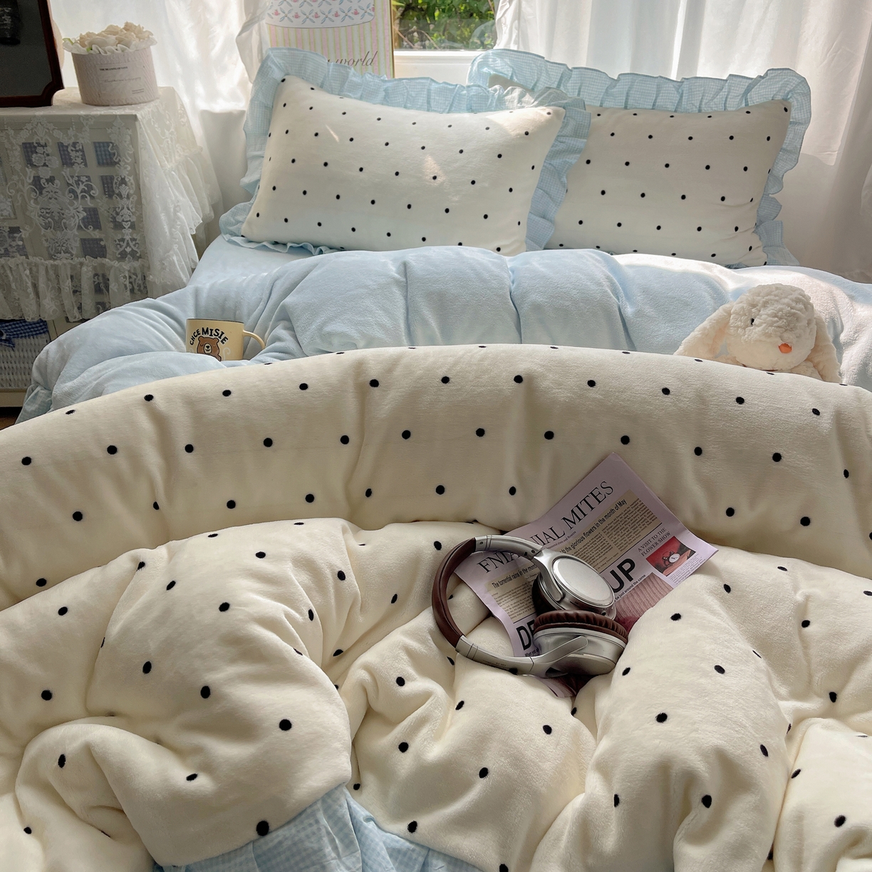 91家纺网 家纺一手货源 找家纺 丽涵家纺 2025秋冬新品韩系牛奶绒波点小格子花边四件套 奶油波点-天蓝