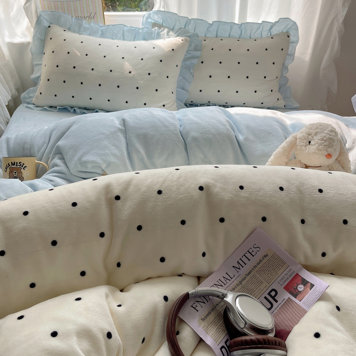 91家纺网 家纺一手货源 找家纺 丽涵家纺 2025秋冬新品韩系牛奶绒波点小格子花边四件套 奶油波点-天蓝